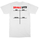 Men's Drinks Deep Party Shots Beer Cocktails Funny Back Sided Print T Shirt