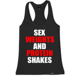 Women's SEX WEIGHTS AND PROTEIN SHAKES Racerback Tank Top