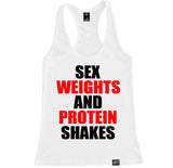 Women's SEX WEIGHTS AND PROTEIN SHAKES Racerback Tank Top